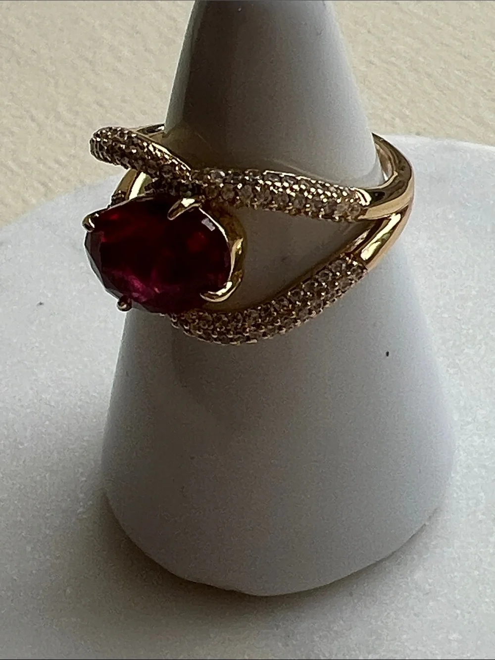 Gold Ring with Large Fuchsia Stone and Pave Accents